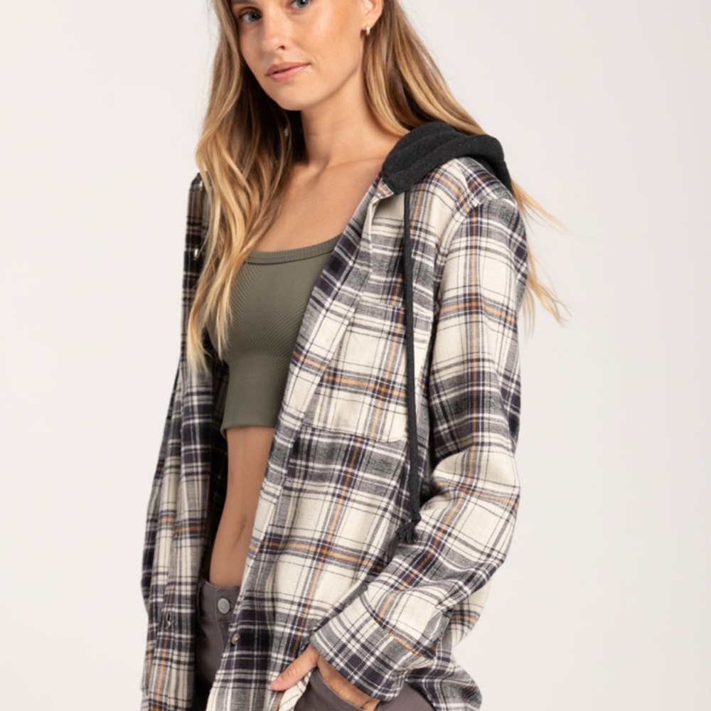 CiSono White and Black Plaid Zip Up Hoodie Flannel Cozy Sweatshirt Jacket
